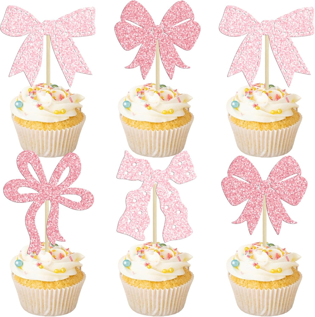 Ephlyn 24Pcs Pink Bow Cupcake Toppers Bow Birthday Cake Topper Girls Birthday Party Decorations Bowknot Cupcake Decorations for Bridal Wedding Themed Party Multi