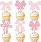 Ephlyn 24Pcs Pink Bow Cupcake Toppers Bow Birthday Cake Topper Girls Birthday Party Decorations Bowknot Cupcake Decorations for Bridal Wedding Themed Party Multi