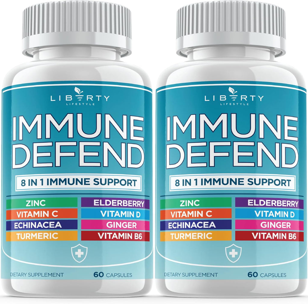 8 in 1 Immune Defense Support, Immunity Vitamins Supplement Booster Zinc 50mg, Vitamin C Elderberry VIT D3 5000 IU, Turmeric Curcumin & Ginger, Echinacea - Allergy Relief for Kids Adults (2 Pack)