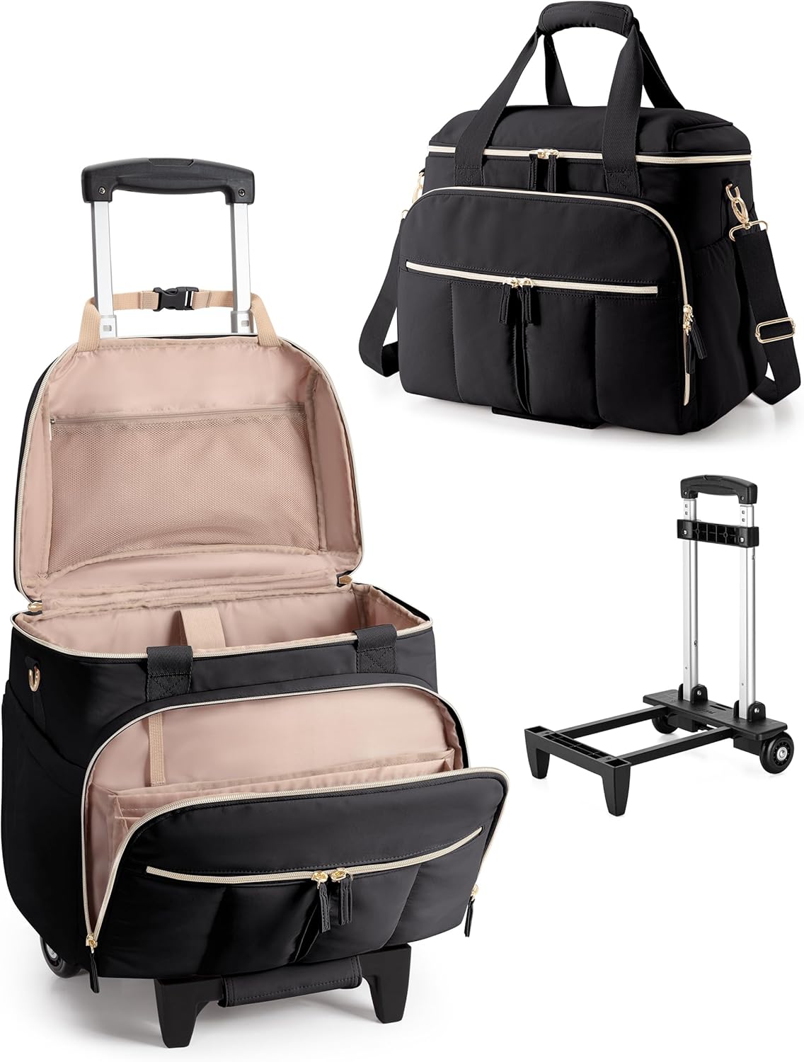 Rolling Teacher Bag with Accordion File Organizer & 15.6" Laptop Compartment, Wheeled Work Briefcase Tote with Detachable Trolley & Crossbody Strap for Women, Black