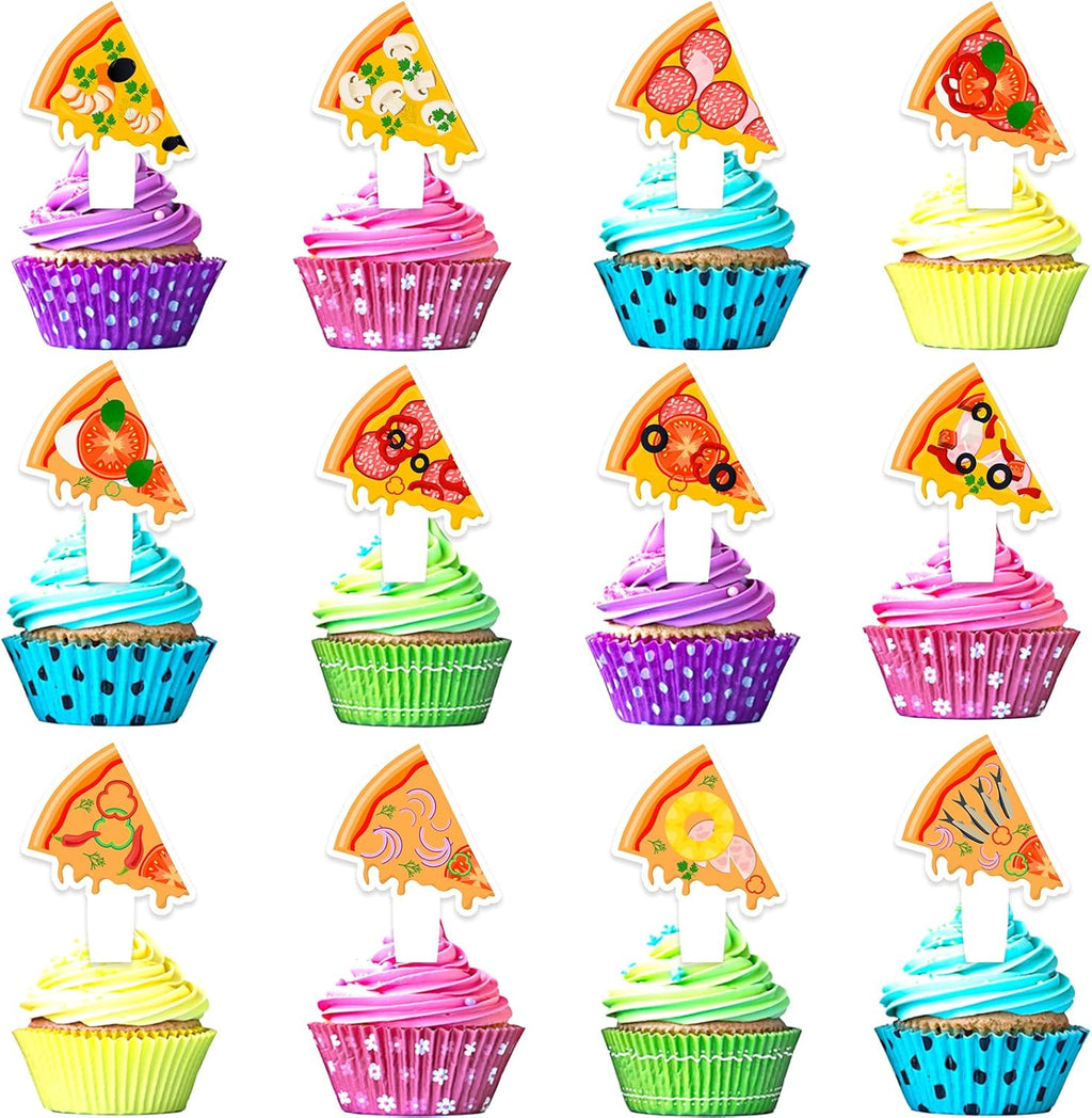 24 Pieces Pizza Cupcake Toppers Pizzeria Happy Birthday Slice Decorations, Themed Birthday Party for Boys and Girls, Pizza Party or Baby Shower Party Decorations, Birthday Gifts for Kids.