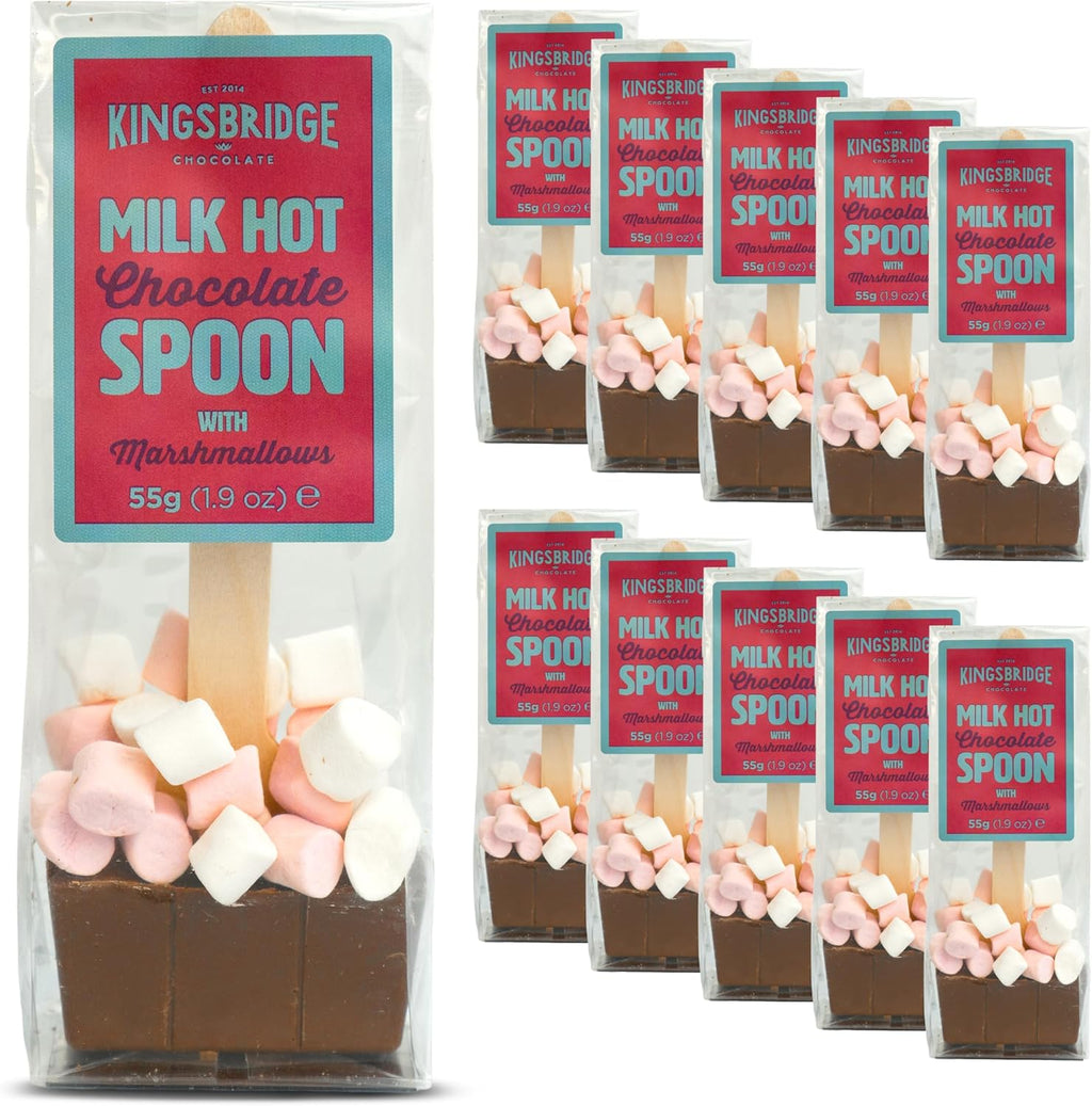 Kingsbridge Hot Chocolate Spoons - Belgian Milk Choc & Marshmallows, 10 Pack | Choc Block with Wooden Stirrer & Added Sweet Treats | Gifts for Birthdays, Special Occasions or Sleepovers