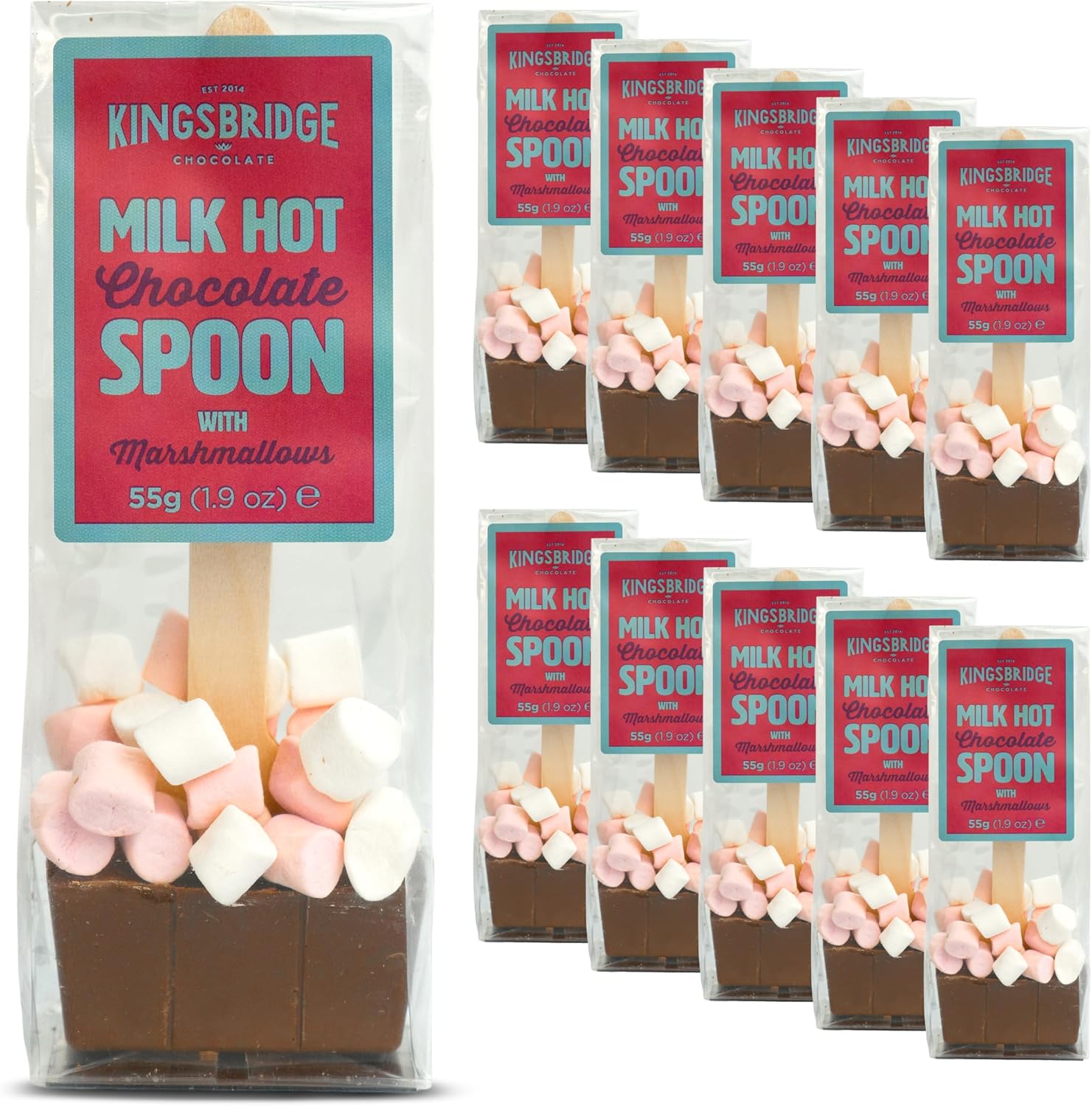 Kingsbridge Hot Chocolate Spoons - Belgian Milk Choc & Marshmallows, 10 Pack | Choc Block with Wooden Stirrer & Added Sweet Treats | Gifts for Birthdays, Special Occasions or Sleepovers
