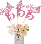 12 Pack Happy 15th Birthday Party Decorations, Mis 15 Centerpiece Sticks, Hello 15 Fabulous Table Toppers, Double Sided Glitter Cheers to 15 Years Old Birthday Anniversary Party Decotations Deep Pink