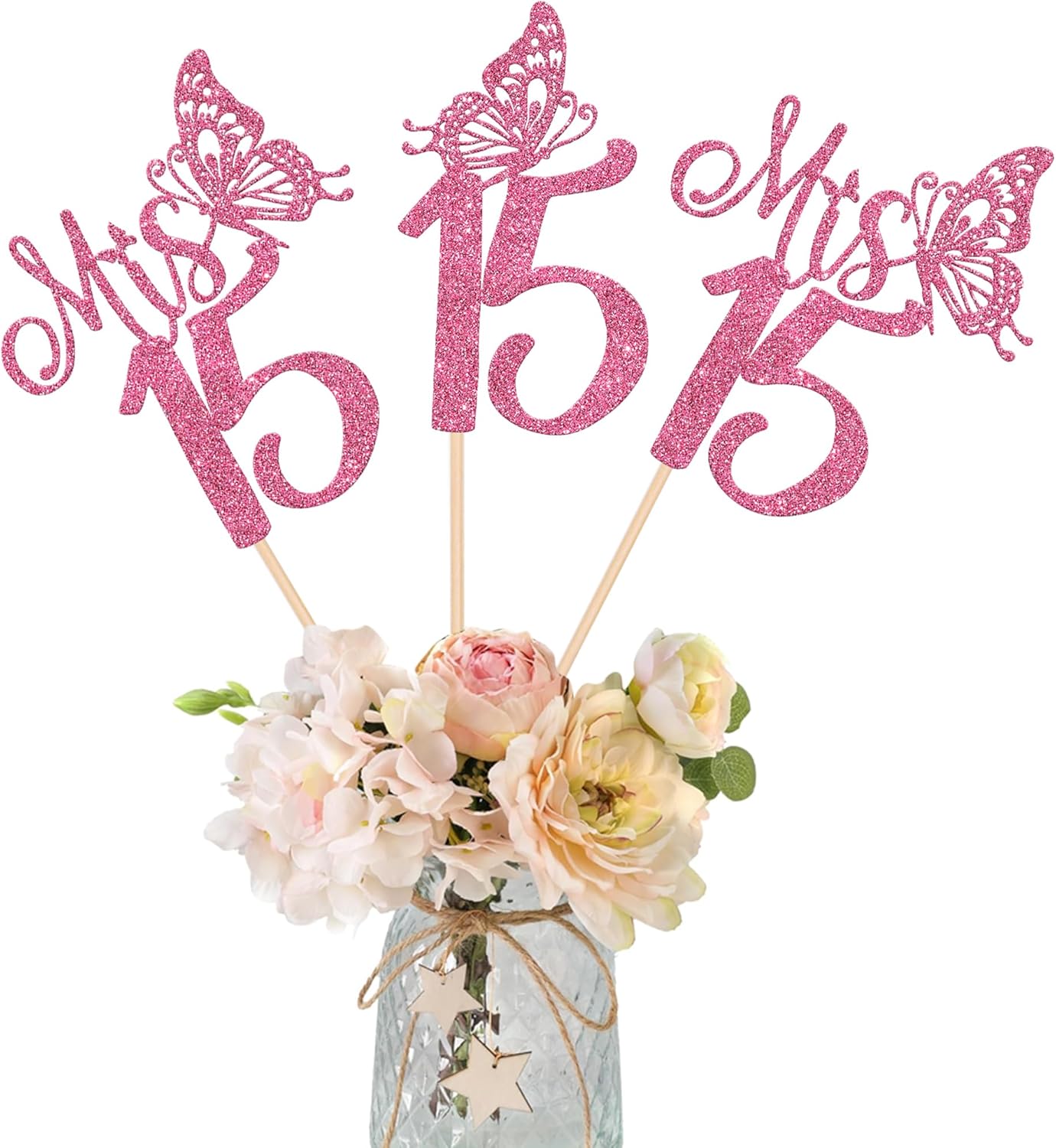 12 Pack Happy 15th Birthday Party Decorations, Mis 15 Centerpiece Sticks, Hello 15 Fabulous Table Toppers, Double Sided Glitter Cheers to 15 Years Old Birthday Anniversary Party Decotations Deep Pink