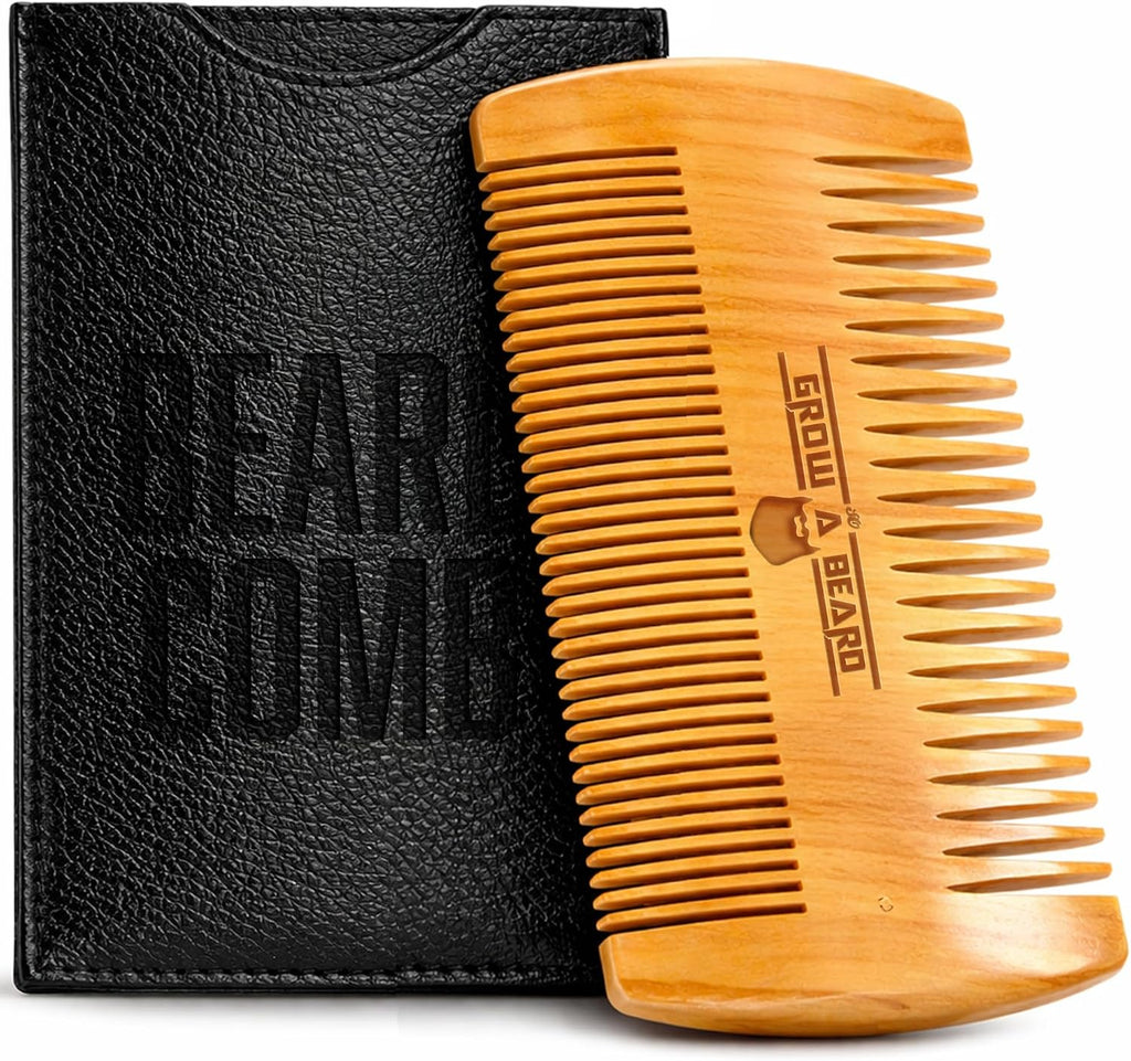 Wooden Beard Comb for Men & Case, Great Mustache Comb for Men, Dual Action Beard & Mustache Comb With Fine & Coarse Teeth, Mens Pocket Wood Comb, Peine Para Barba de Hombre, Fathers Day Gift