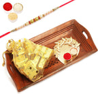 Ghasitaram Gifts Rakhi Gifts for Brothers Rakhi Chocolate Small Wooden Serving Tray with Chocolates Pouch and Pooja Thali with Pearl Rakhi