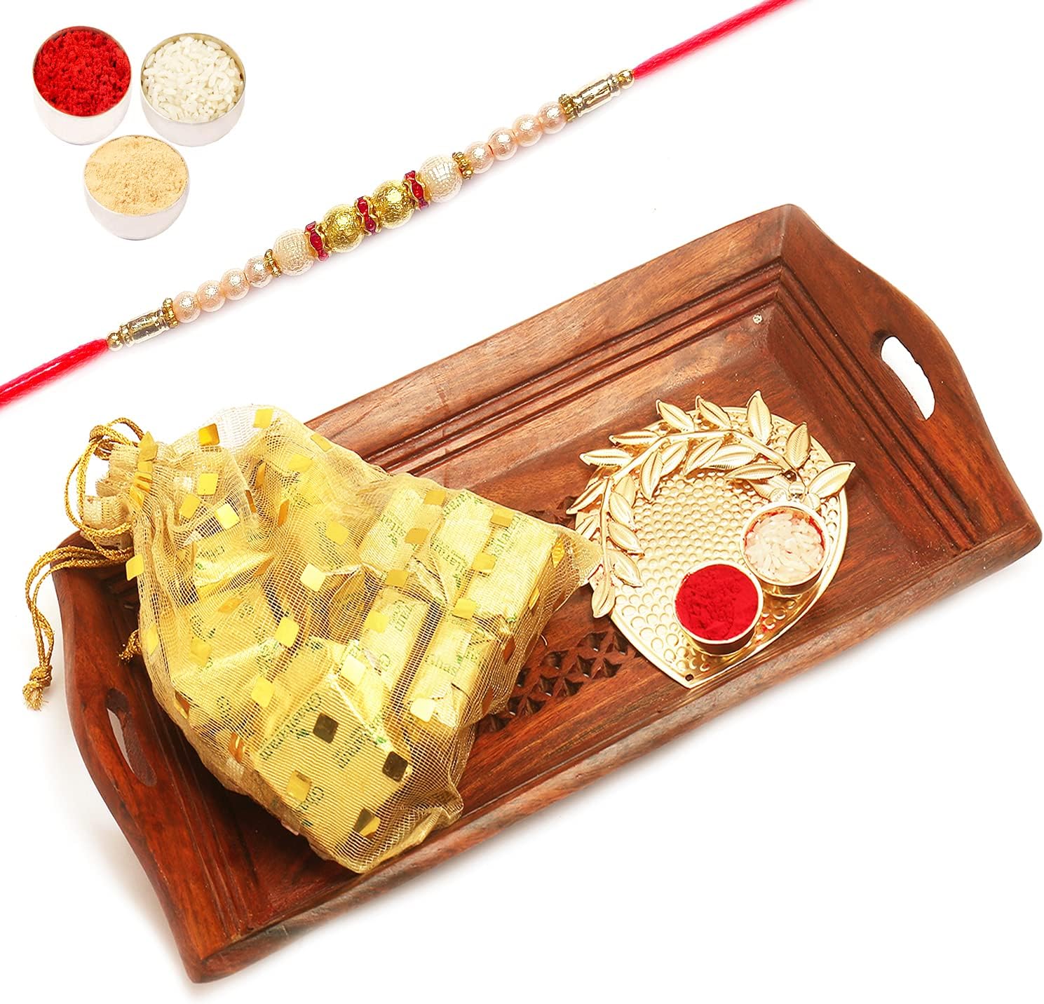 Ghasitaram Gifts Rakhi Gifts for Brothers Rakhi Chocolate Small Wooden Serving Tray with Chocolates Pouch and Pooja Thali with Pearl Rakhi