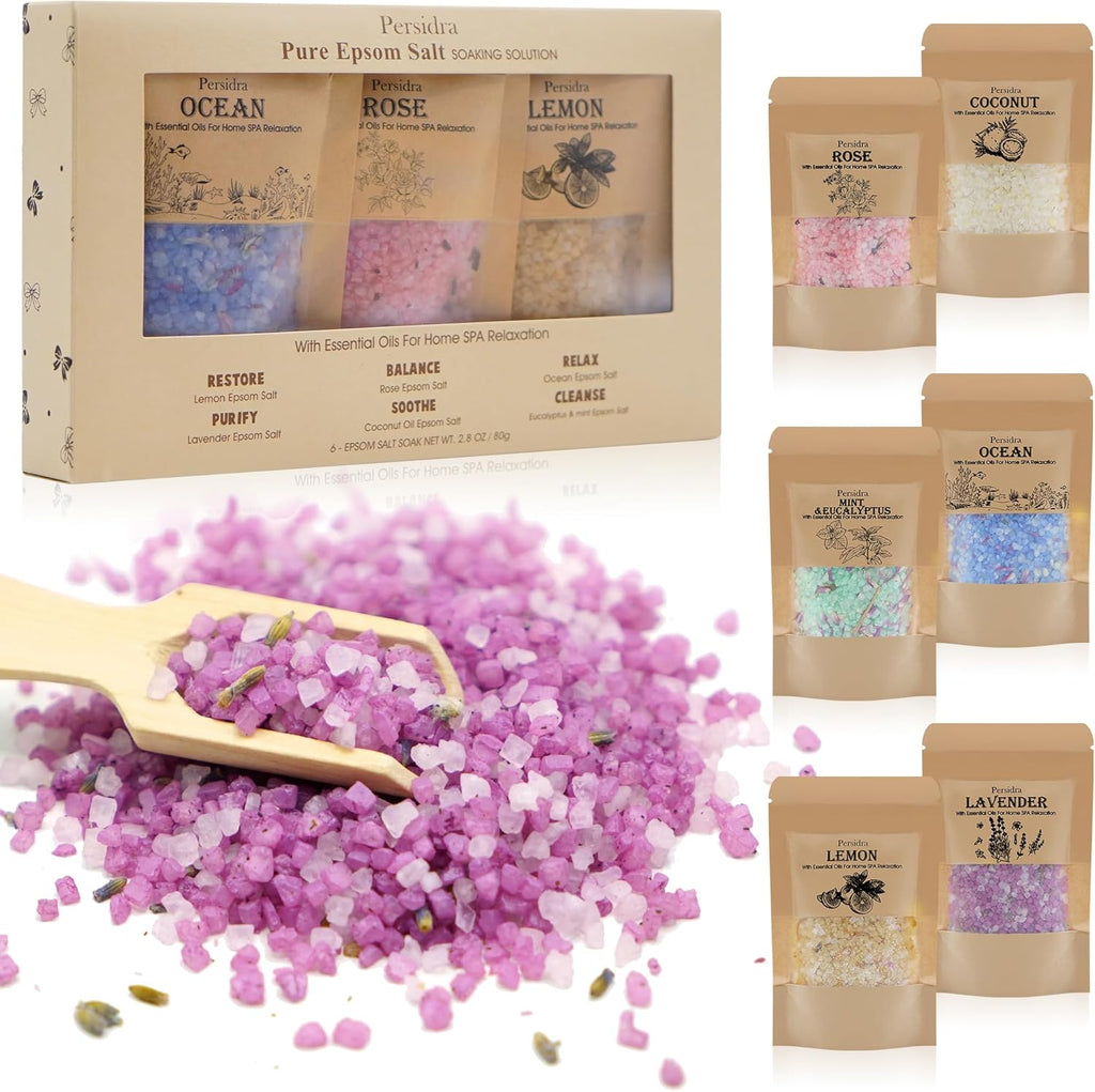 Bath Salts, Gift Set, Bath Salts for Women Relaxing, Mother's Day Birthday Gifts for Self Care, Individual Packets with Pure Natural Sea Salt, Minerals and Dried Flower, Spa Bath & Foot Soak, 6 Scents