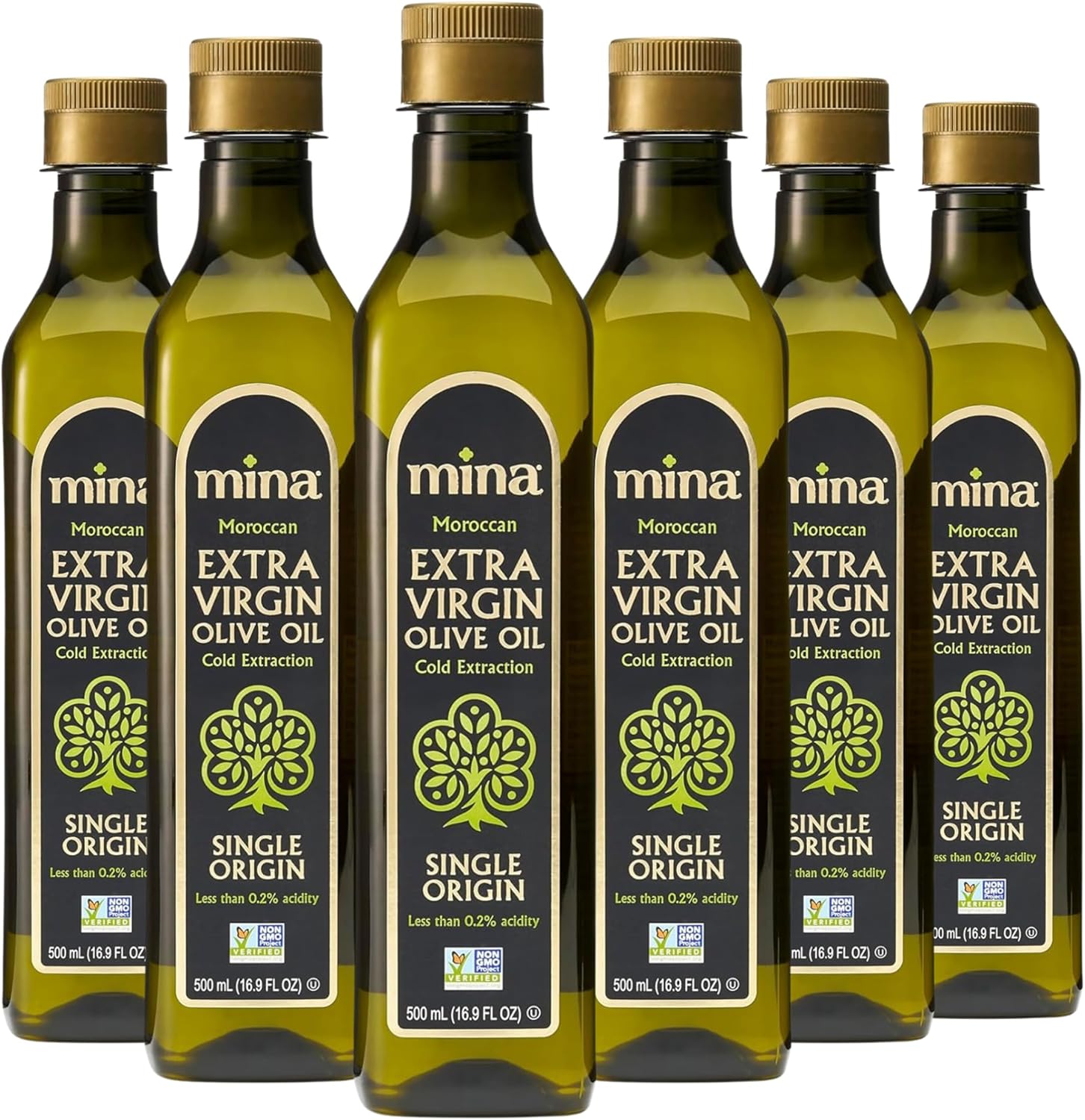 Mina Moroccan Olive Oil Extra Virgin 16.9 Fl Oz (Pack of 6), New Harvest, Polyphenol Rich Olive Oil, Single Origin Extra Virgin Olive Oil, Cold Extraction, Less than 0.2% Acidity, 500 ml Each