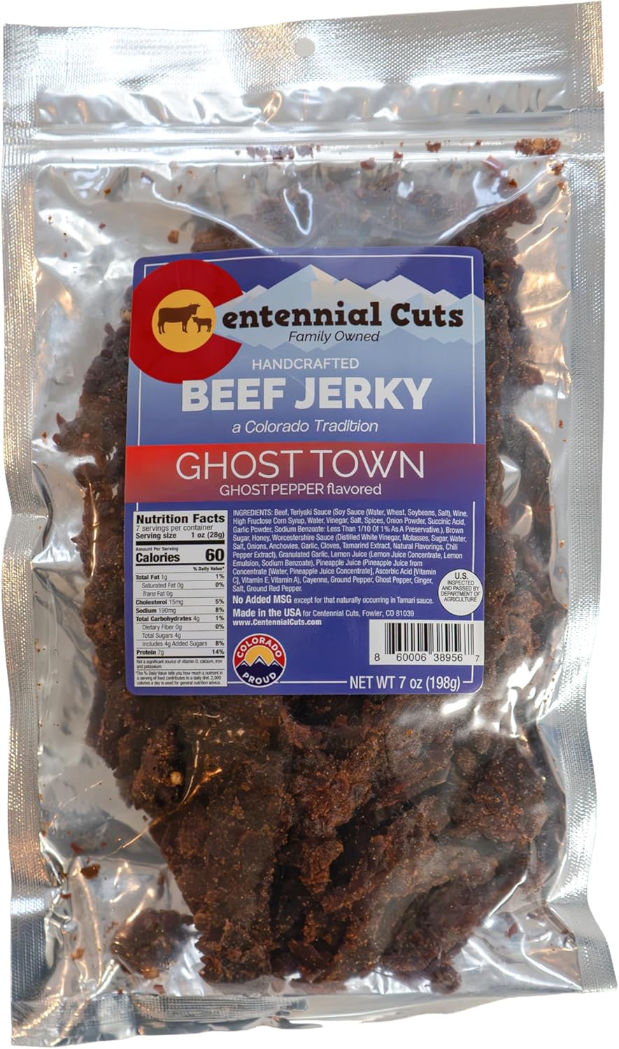 Centennial Cuts Beef Jerky – Ghost Town Ghost Pepper – High Protein, Bold Ghost Pepper Heat – 7 oz Snack