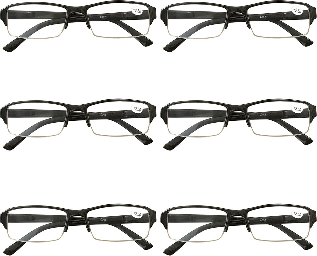 6 Pack Mens Rectangular Half Frame Blue Light Blocking Reading Glasses Black Spring Hinge Readers