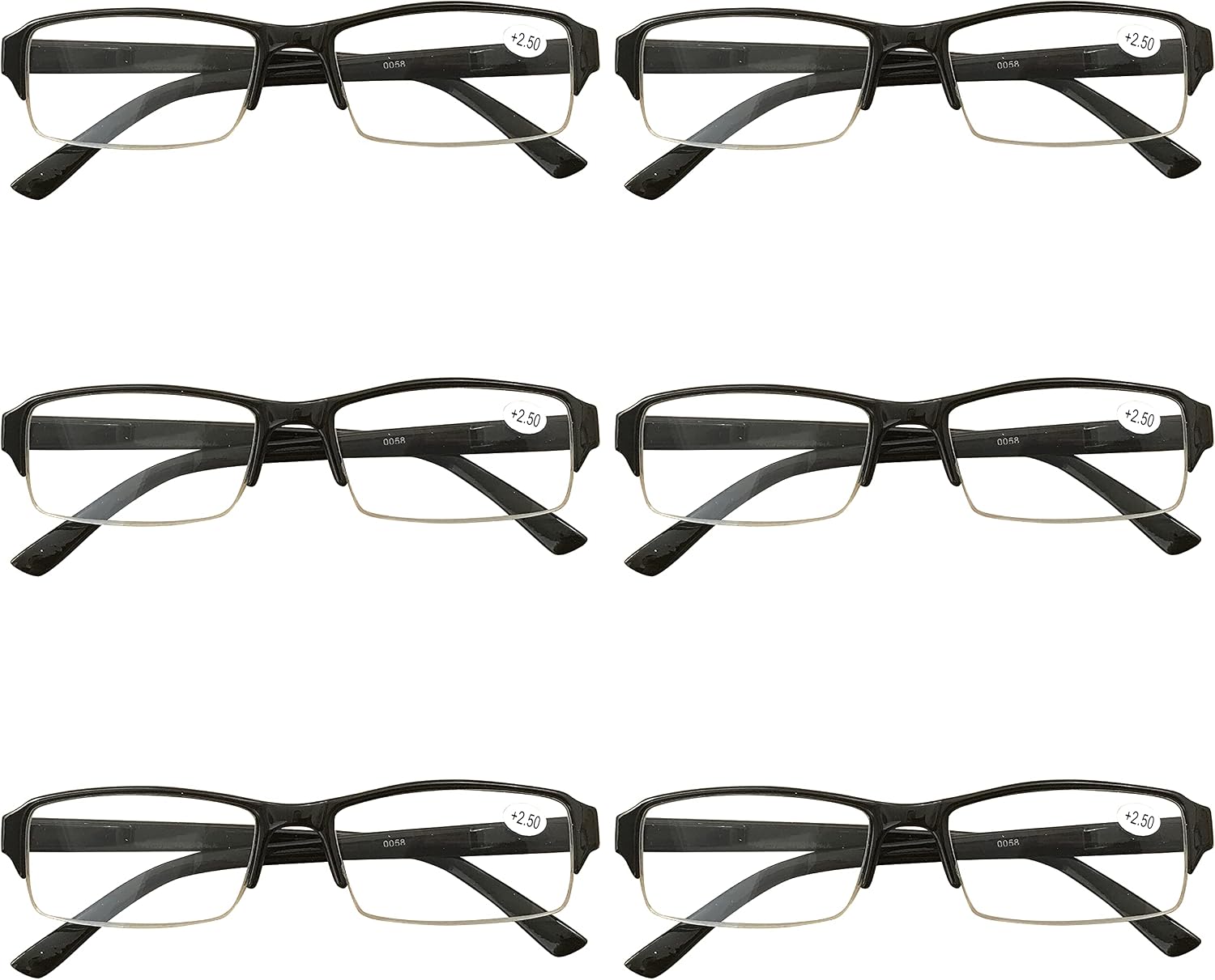 6 Pack Mens Rectangular Half Frame Blue Light Blocking Reading Glasses Black Spring Hinge Readers