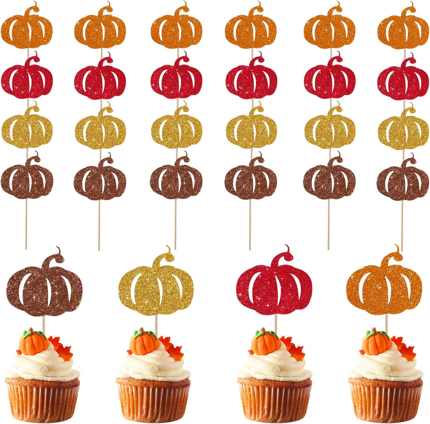 BEISHIDA 24pcs Pumpkin Cupcake Toppers- Glitter Pumpkin Cupcake Picks for Thanksgiving, Baby Shower, Fall Harvest & Birthday Theme Party Cake Decorations Supplies