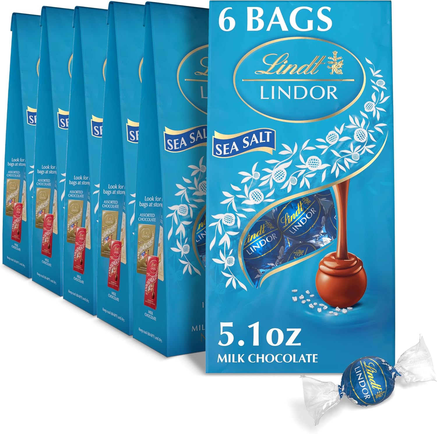 Lindt LINDOR Sea Salt Milk Chocolate Truffles, Milk Chocolate Candy with Smooth, Melting Truffle Center, Great for Gift Giving, 5.1 oz. Bag (6 Pack)