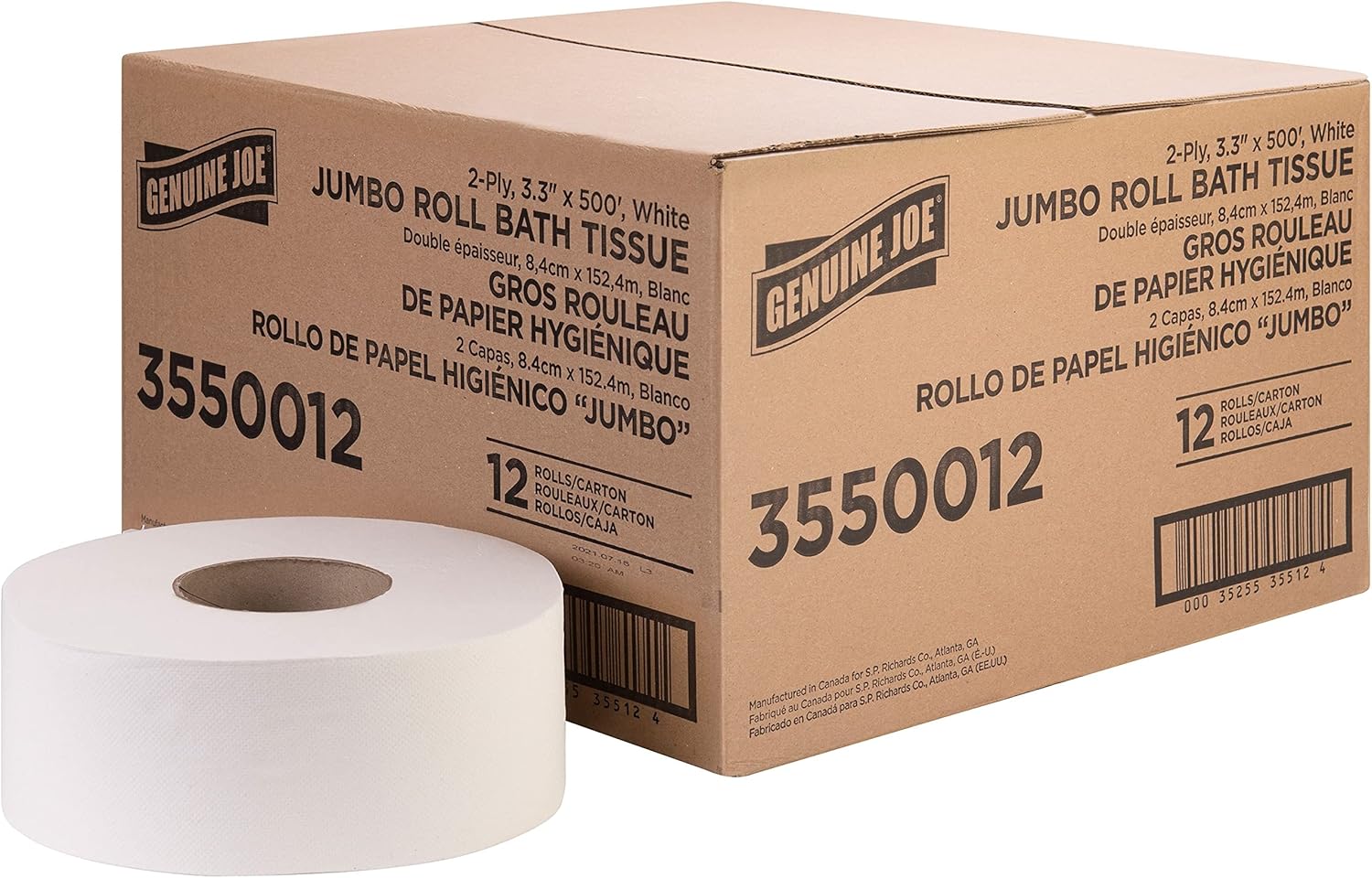 Genuine Joe Jumbo Roll Bath Tissue, 2-Ply, 3.3" x 500', White, 12 Count