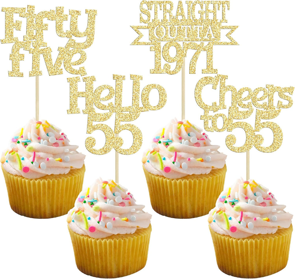 Ephlyn 24Pcs 55th Birthday Cupcake Toppers Glitter Straight Outta 1971 Cupcake Picks Hello 55 Cheers to 55 Years Cake Decorations for 55th Birthday Anniversary Party Decorations Supplies Gold