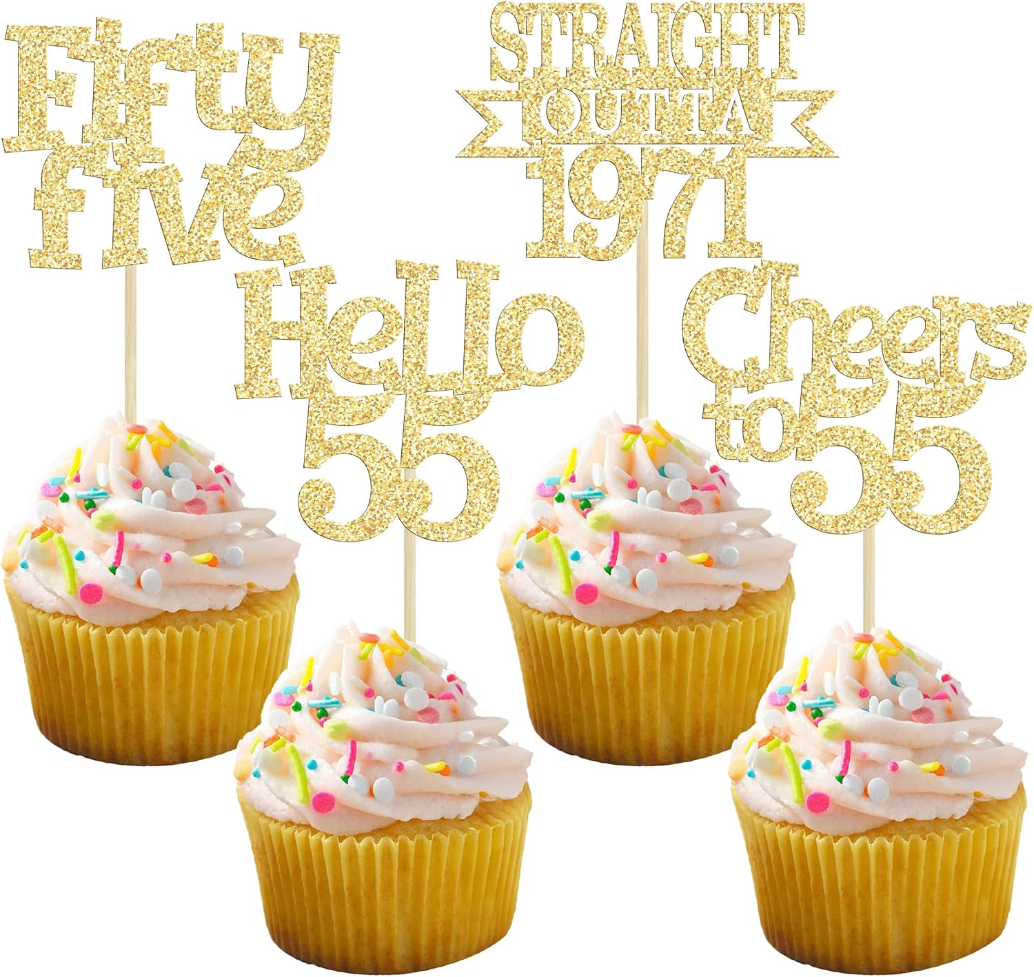 Ephlyn 24Pcs 55th Birthday Cupcake Toppers Glitter Straight Outta 1971 Cupcake Picks Hello 55 Cheers to 55 Years Cake Decorations for 55th Birthday Anniversary Party Decorations Supplies Gold
