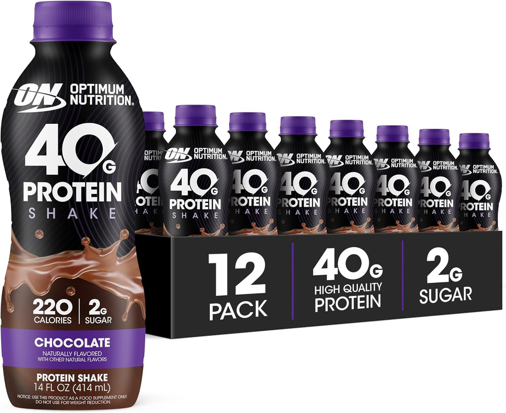 Optimum Nutrition 40g Protein Shake, 40g of Protein, Naturally Flavored, Complete Protein Drink, Chocolate, 14 Fl Oz, 12 Count (Pack of 1) (Packaging May Vary)