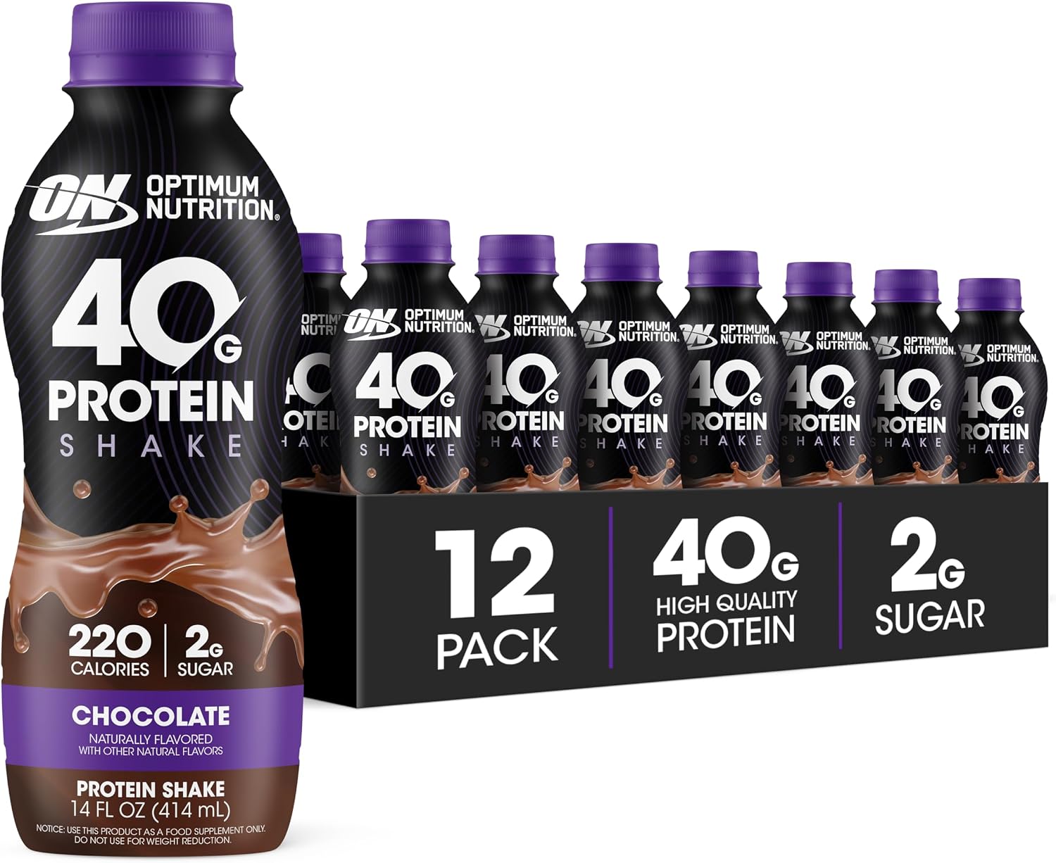Optimum Nutrition 40g Protein Shake, 40g of Protein, Naturally Flavored, Complete Protein Drink, Chocolate, 14 Fl Oz, 12 Count (Pack of 1) (Packaging May Vary)