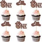 Ercadio 24 PCS Cowboy One Cupcake Toppers Glitter Brown One Hats Little Cowboy Picks Western Theme Baby Shower Birthday Party Cake Decorations Supplies