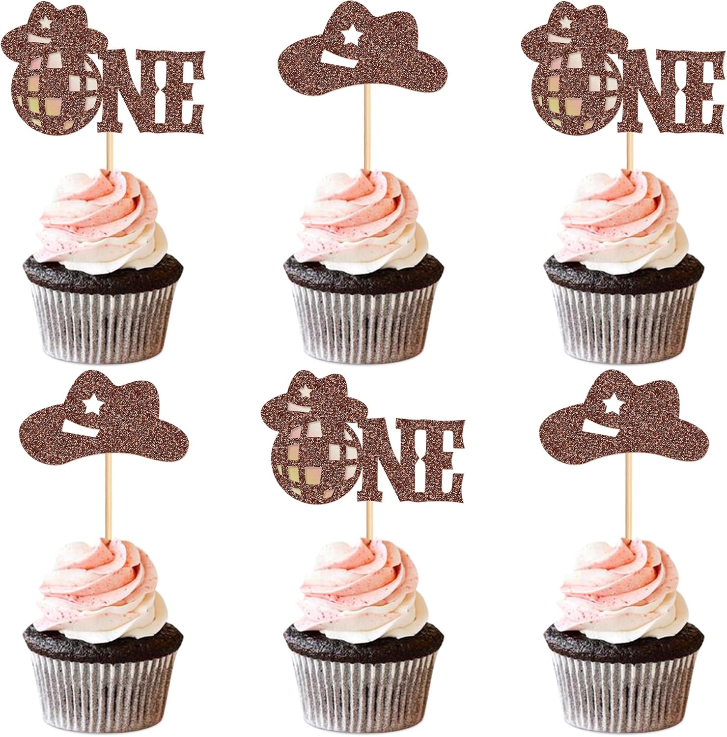 Ercadio 24 PCS Cowboy One Cupcake Toppers Glitter Brown One Hats Little Cowboy Picks Western Theme Baby Shower Birthday Party Cake Decorations Supplies