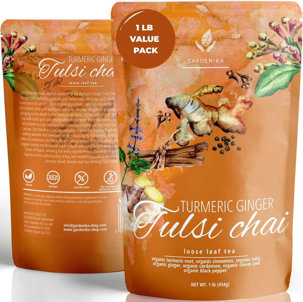 Gardenika Organic Turmeric Ginger Tulsi Chai Loose Leaf Tea, 1 LB Bulk Bag - Ayurvedic Herbal Tea with Cinnamon & Cardamom - Caffeine Free, Organic, Kosher