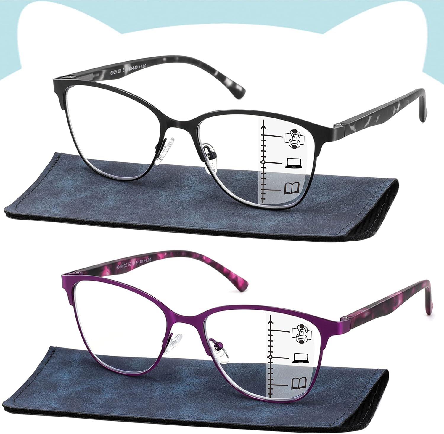 Progressive Multifocal Reading Glasses Women Cat Eye No Line Multifocus Transition Blue Light Reader Lady Metal Frame