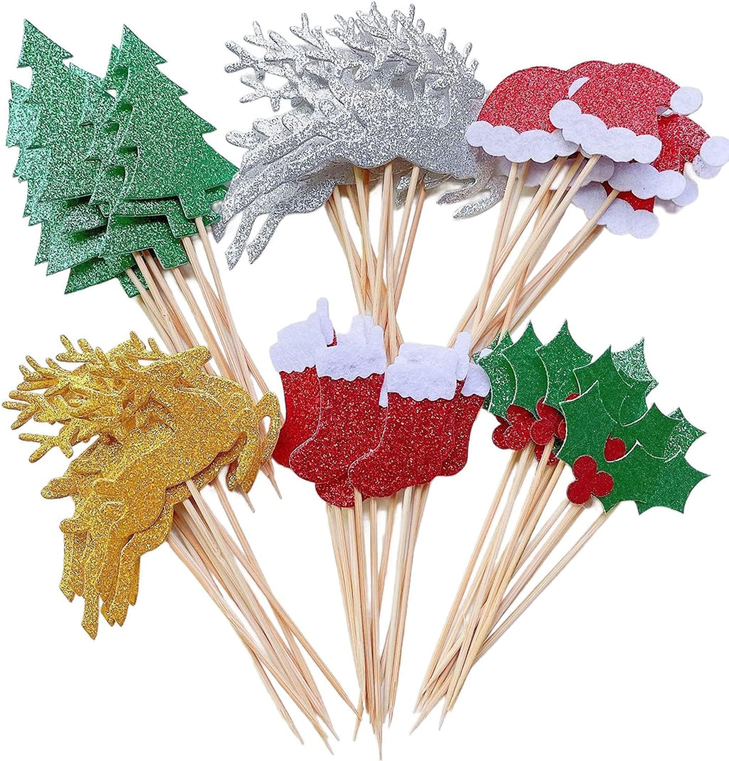 60Pcs Single Side Christmas Cupcake Toppers Glitter Cake Decorations Toothpick Flags Santa Claus Tree Fruit Hats Socks Christmas Fawn Theme Party Cake Toppers Picks for Xmas Cake Decoration Supplies