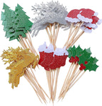 60Pcs Single Side Christmas Cupcake Toppers Glitter Cake Decorations Toothpick Flags Santa Claus Tree Fruit Hats Socks Christmas Fawn Theme Party Cake Toppers Picks for Xmas Cake Decoration Supplies