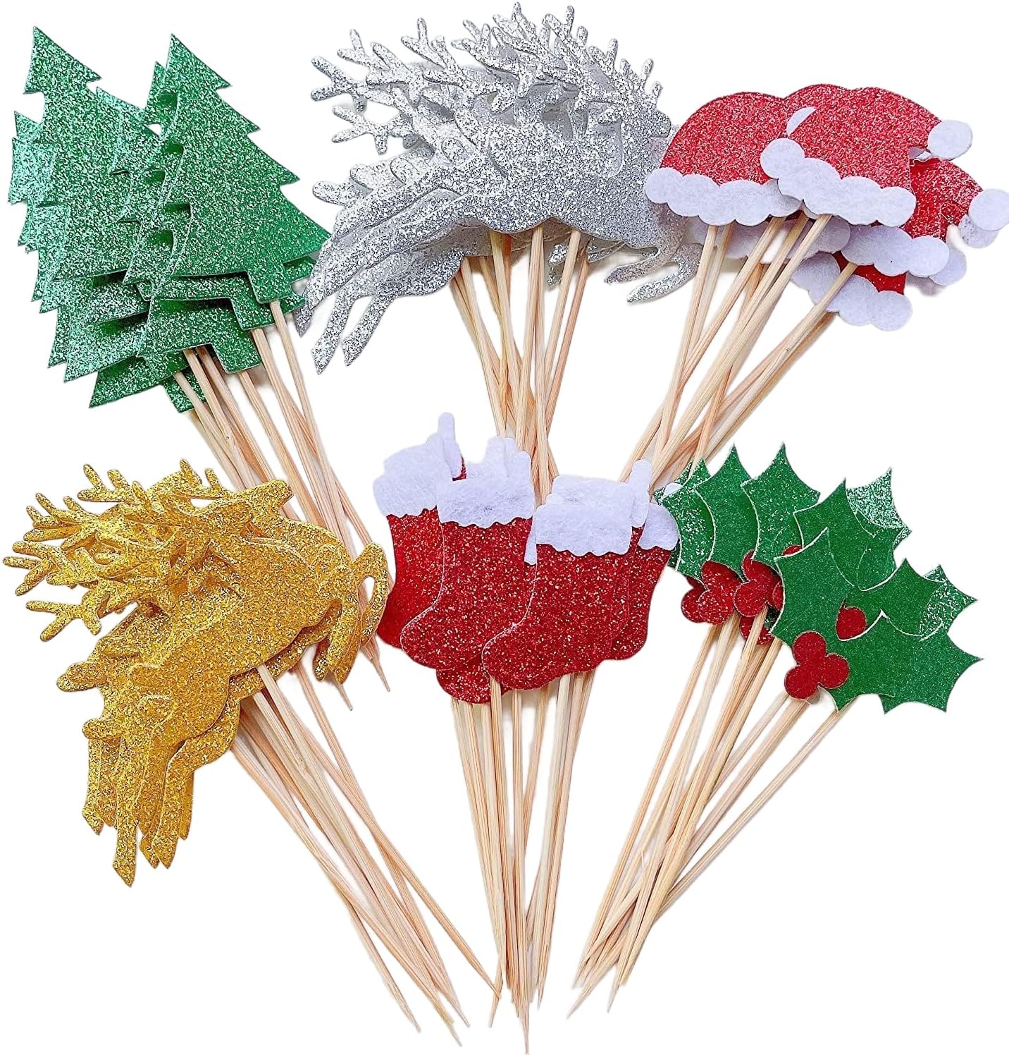 60Pcs Single Side Christmas Cupcake Toppers Glitter Cake Decorations Toothpick Flags Santa Claus Tree Fruit Hats Socks Christmas Fawn Theme Party Cake Toppers Picks for Xmas Cake Decoration Supplies