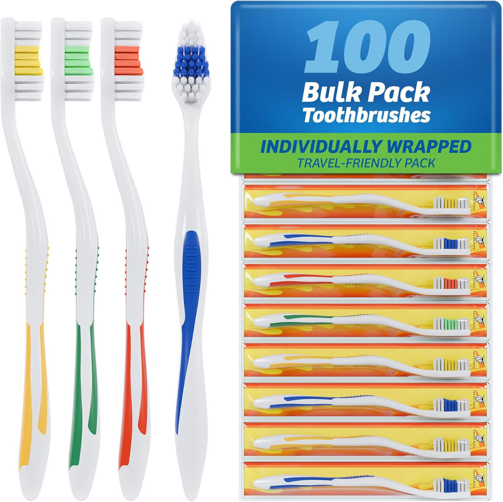 FactorDuty 100 Pack Toothbrush Standard Classic Medium Soft Toothbrush Bulk Individually Wrapped