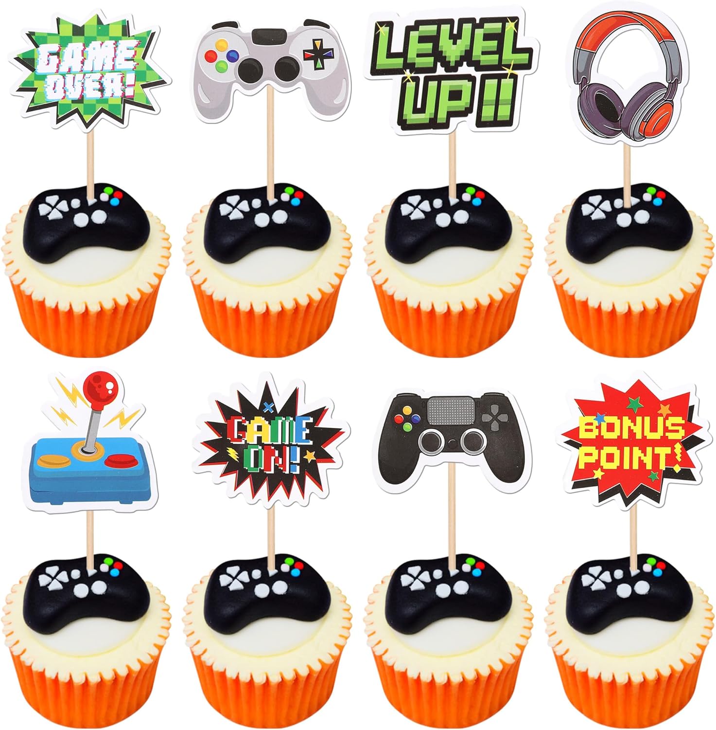 40 PCS Video Game Cupcake Toppers Double Sided Game On Controllers Cupcake Picks GamePad Cupcake Decorations for Game Theme Baby Shower Kids Boys Gamer Birthday Party Cake Decorations Supplies
