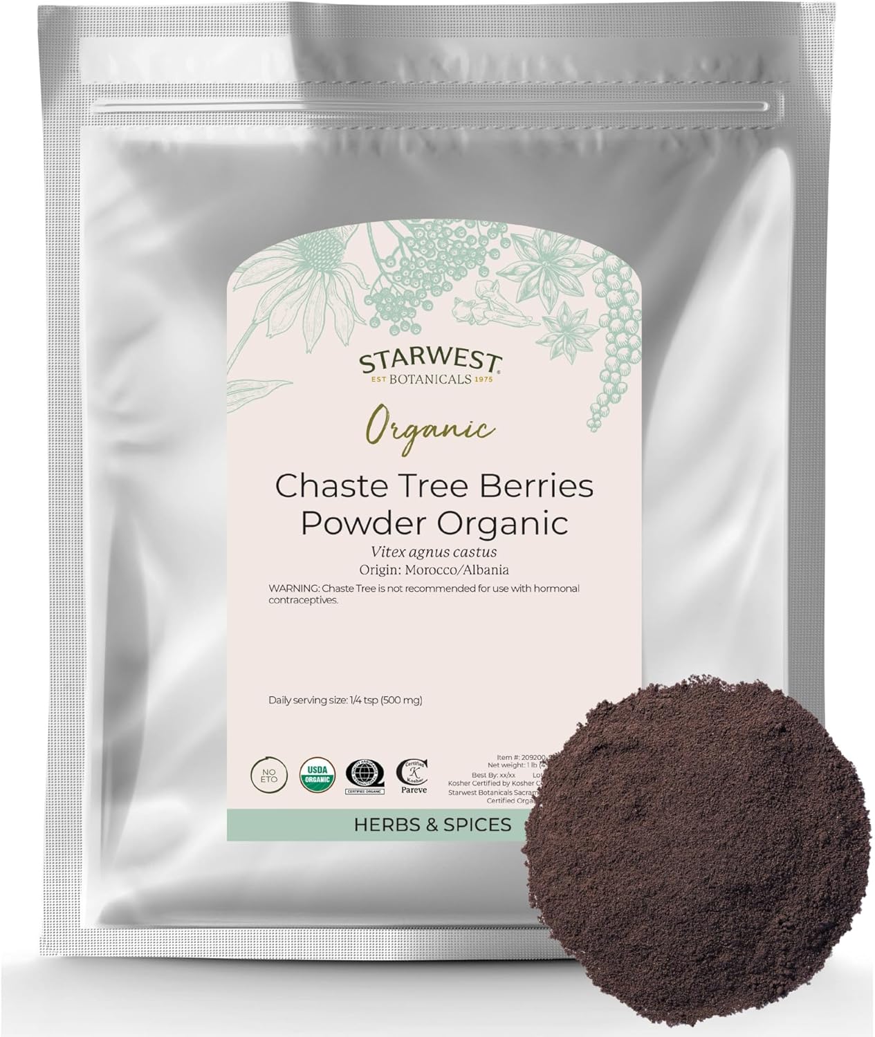 Starwest Botanicals Chaste Tree Berries Powder Organic - Dried Herb for Chasteberry Tea, Vitex Agnus Castus, Certified Kosher, Non-GMO - Bulk 1 lb Bag