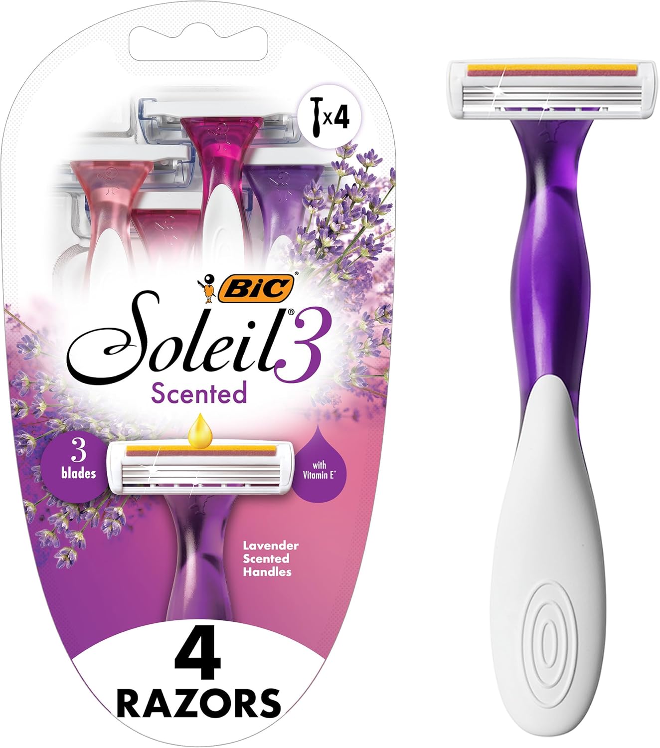 BIC Soleil Smooth Scented Women’s Disposable Razor, 3 Blades, Moisture Strip For a Silky Shave, 4 Piece Razor Set