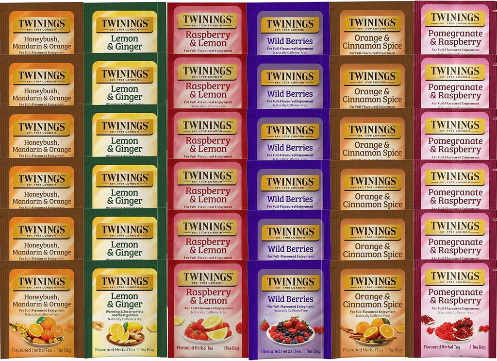 Twinings Berry and Fruit Herbal Tea Bag Variety Sampler Box, 6 Flavors, 36 Count, Individually Wrapped Bags, Caffeine Free, A Gift to Enjoy Hot or Iced