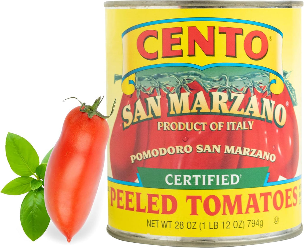 Cento Certified San Marzano Whole Peeled Tomatoes, 28 Oz, Canned Plum Tomatoes in Thick Puree with Basil, Grown and Processed in Italy
