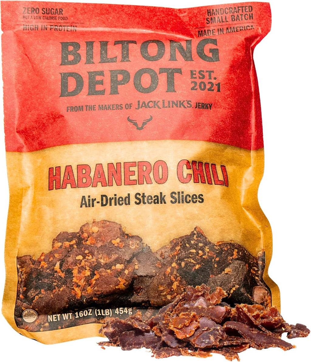 Biltong Depot Habanero Chili Biltong Slices - 1lb (16oz) | Air-Dried Beef Jerky Snack | High Protein | Paleo & Keto Friendly | Zero Sugar | Gluten Free | No Artificial Preservatives | No MSG