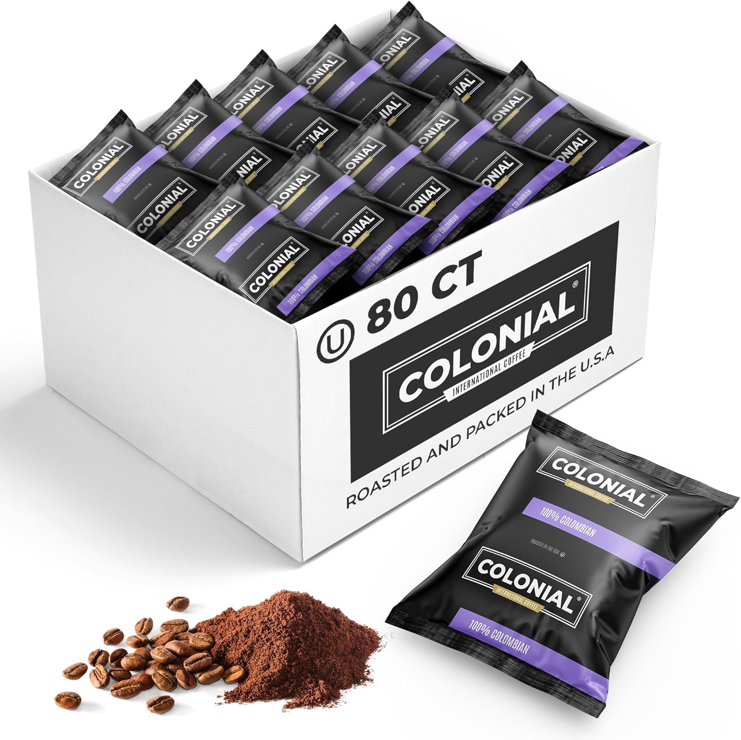 Colonial Coffee Packets, Pre Ground Coffee Packs, Colombian Medium Roast, 2.5 Ounce (Pack of 80)