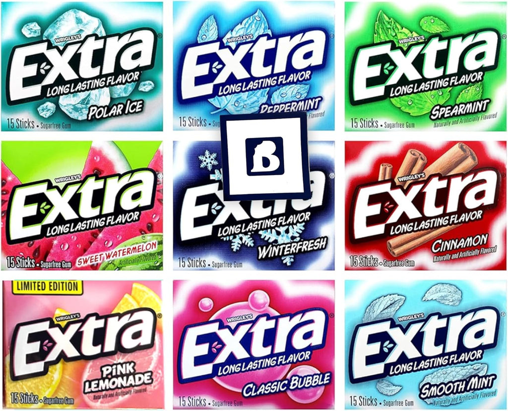 Assorted Chewing Gum, Variety pack Of Extra Long Lasting Flavors, Sugar Free, Receive 8 Flavors plus 1 Extra pack (9 Pack), 1 Sticker Of Our Logo, Packed In Bitetwist Protected Gift Pack