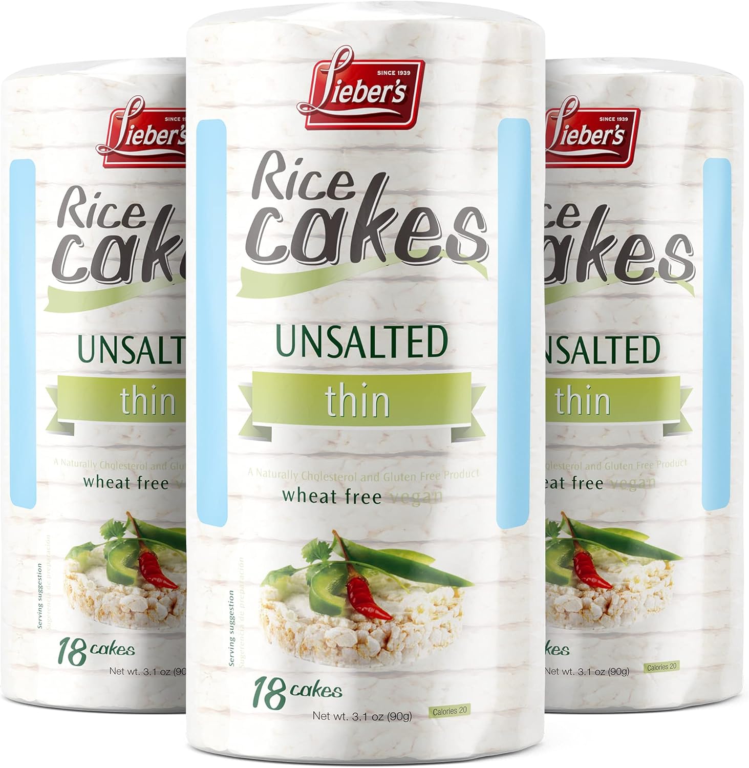 LIEBERS Rice Cakes, Kosher Certified Snack, Dairy Free, Wheat Free, Gluten Free, And Vegan options (pack of 3) (Unsalted)