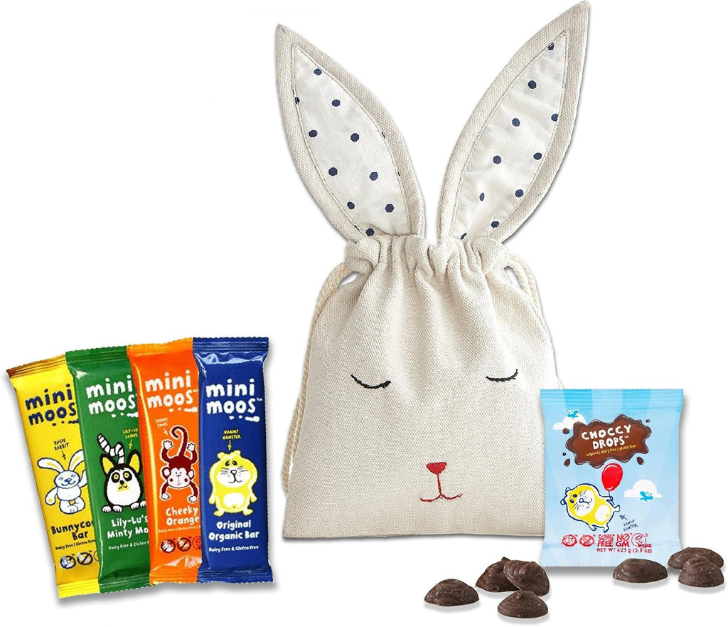 Moo Free Dairy Free chocolates for kids by The Yummy Palette | Scrummy gluten free vegan Mini Moos in hand embroidered Bunny Bag