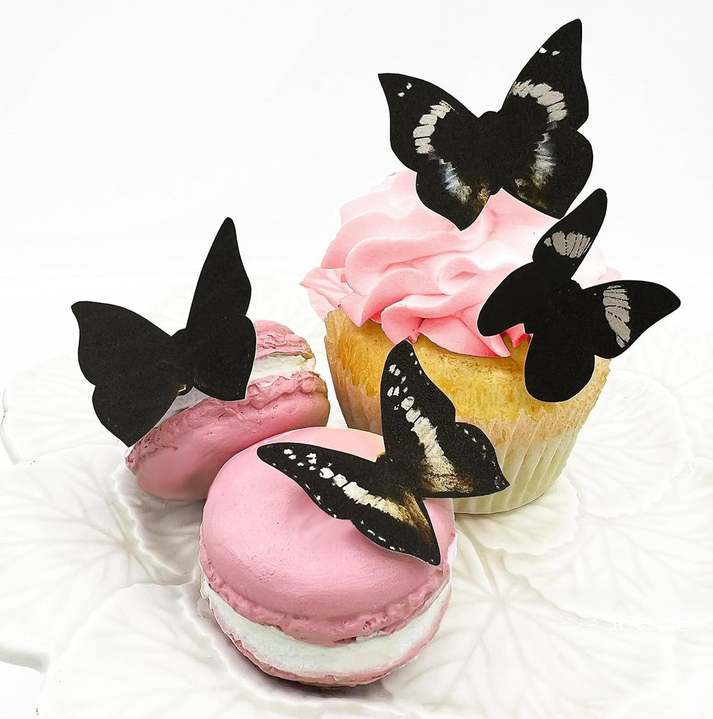 Edible Butterflies Small Size Premium Crafted Made in the USA Cake and Cupcake Toppers, Decoration (black) set of 24