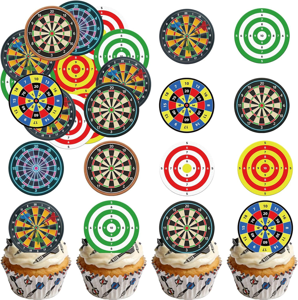 48PCS Edible Dart Cupcake Toppers Wafer Paper Dartboard Target Cake Decorations Edible Game Cupcake Toppers for Dart Lovers Theme Birthday Party Decoration
