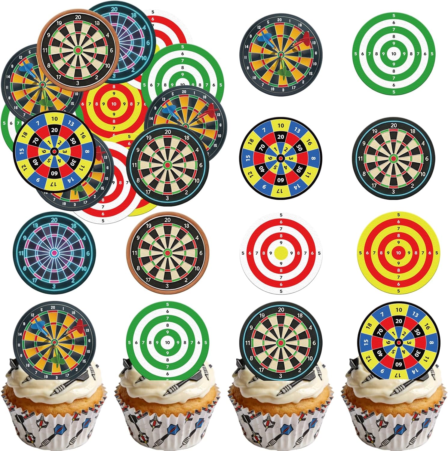 48PCS Edible Dart Cupcake Toppers Wafer Paper Dartboard Target Cake Decorations Edible Game Cupcake Toppers for Dart Lovers Theme Birthday Party Decoration