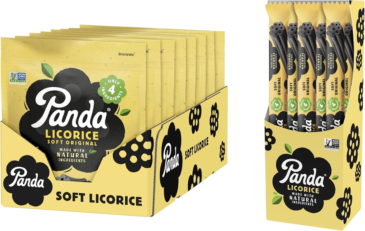 Panda ® | Natural Soft Original Licorice | Pure Panda Black Licorice Candy Made with Only 4 Natural Ingredients | Vegan & Fat Free | 200 G - 7 OZ x 8 Bags & 32 Gr - 1,125 OZ x 20 Bars