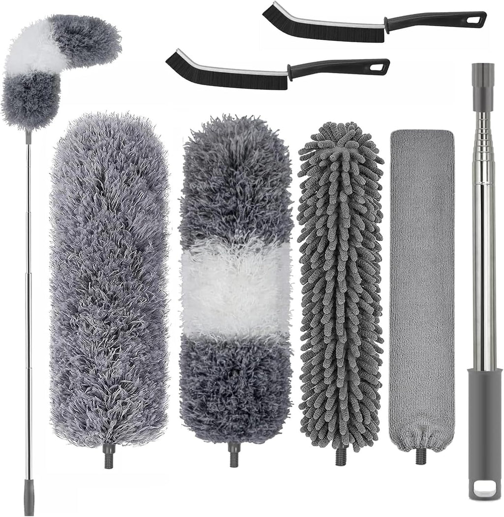 Professional Microfibre Dusters for Cleaning | Duster with Extension 100" | Cobweb Remover Duster Kit with 4 Washable Heads | Bendable Feather Duster for High Ceilings,Fans & Hard-to-Reach Areas,7PCS