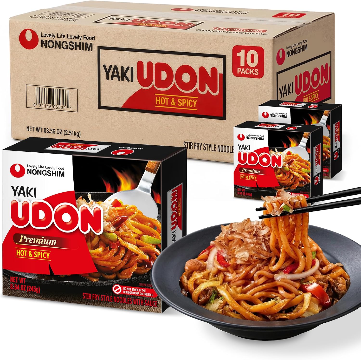 Nongshim Yaki Udon Hot & Spicy, Stir Fry Style Korean Inspired Noodles, Sweet and Spicy Sauce with Chewy Non Fried Noodles, Bold Flavor Noodle Dish, 8.64 oz (Pack of 10)