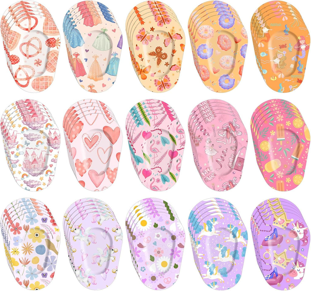 75 Pcs Kids Eye Patches 15 Cute Styles Soft Breathable Cotton Adhesive Patches for Amblyopia and Lazy Eye, 2.95"x1.96" Disposable Bandages for Toddlers, Girls & Adults, Bulk Pack