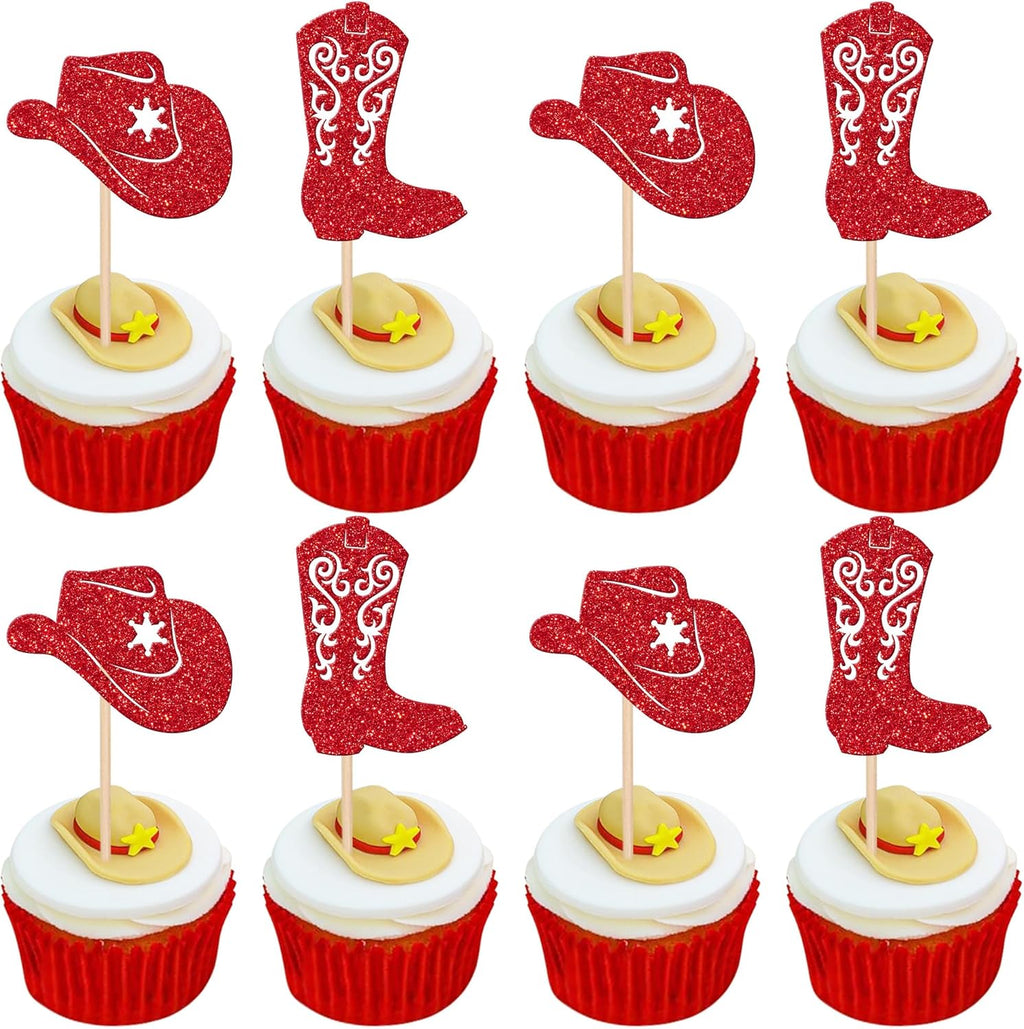 24 PCS Cowboy Cupcake Toppers Glitter Cowboy Hats Boots Cupcake Picks Cowboy Party Cupcake Decorations for Western Theme Baby Shower Boys Birthday Party Cake Decorations Supplies Red